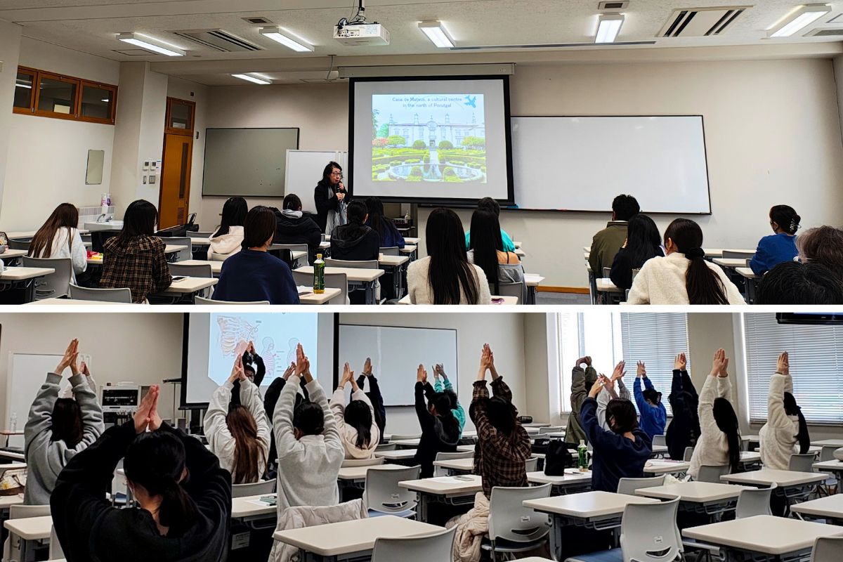 8か国の研修員と本学学生が笑顔でピースサインをしながら集合写真を撮っている様子。テーブルには名札やペットボトル、食事の容器が並び、和やかな交流の雰囲気が伝わる。